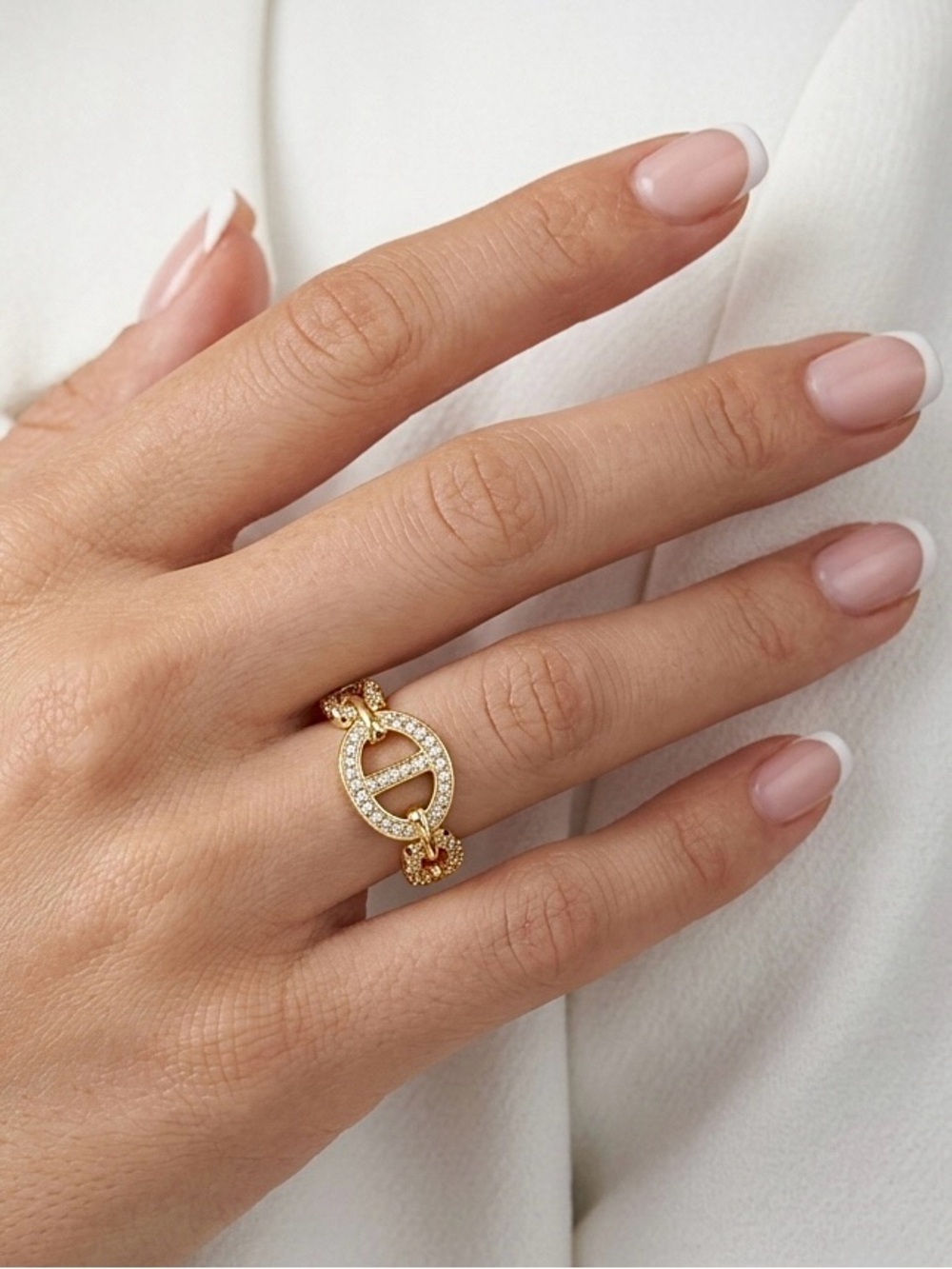 14K is Gold Plated CZ Mariner Link Ring | Gold Anchor Chain Band Ring - Picture 7 of 8
